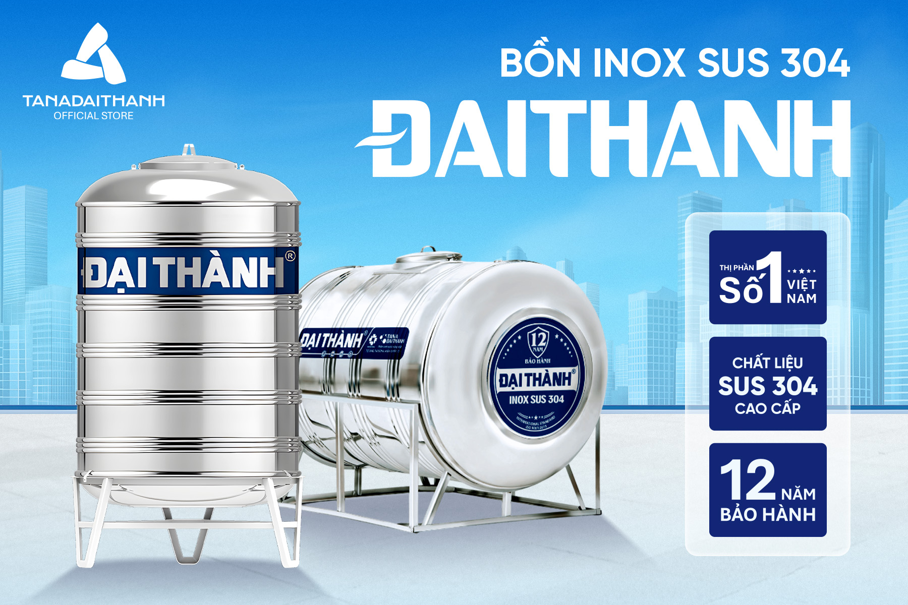 Bồn Inox 304 Đại Thành 1000L-bồn đứng ĐK940 (Phân phối từ Kon Tum trở vào khu vực phía Nam)