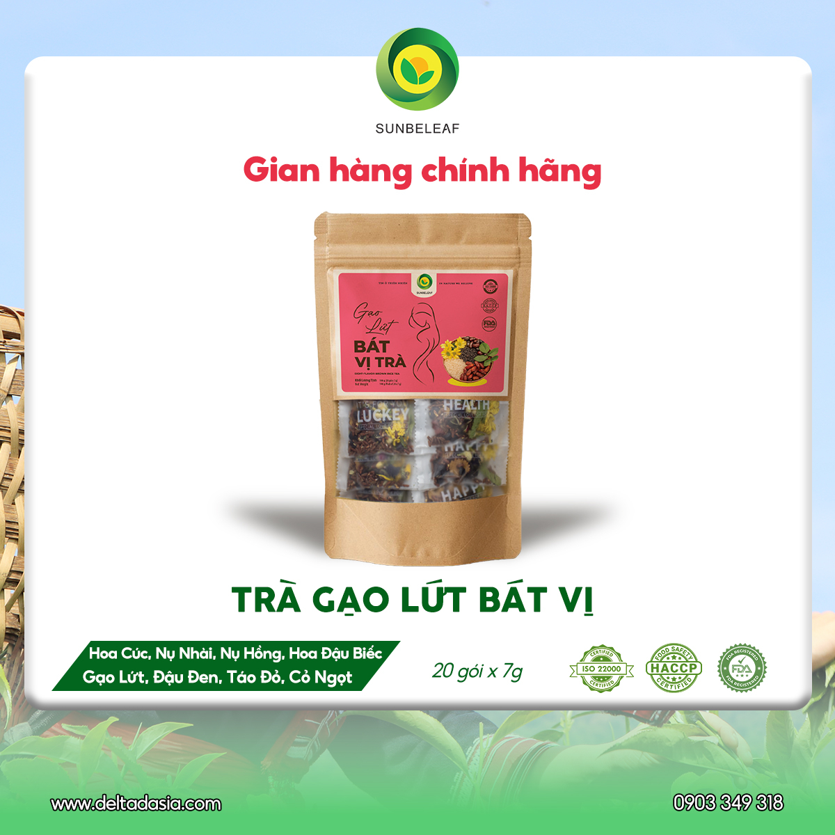 Trà Gạo Lứt 8 Vị Sunbeleaf - Trà Thảo Mộc Thanh Lọc- Túi Zip 20 Gói