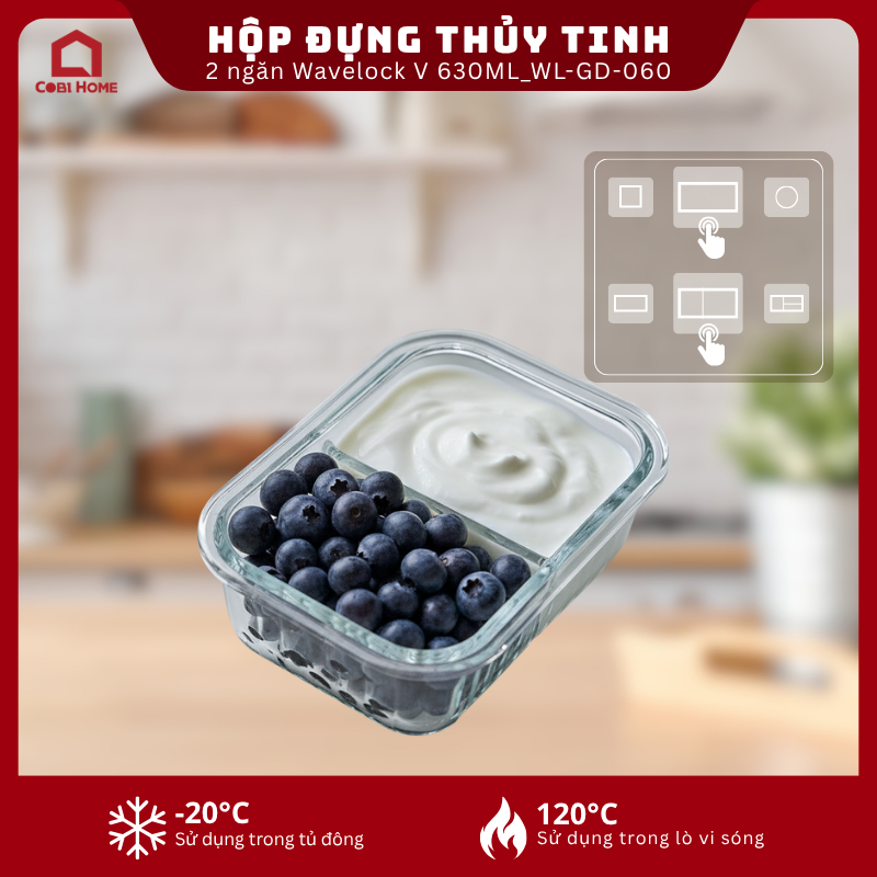 Hộp đựng thực phẩm thủy tinh 2 ngăn Wavelock V 630ML_364370 - Phân phối chính hãng