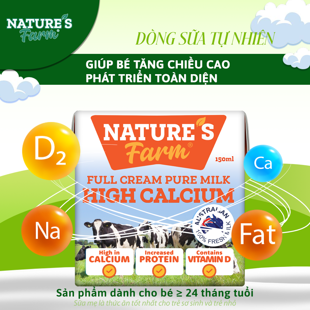 Thùng sữa Nature's Farm High Calcium 150ml - Sữa Úc Bò Nuôi Thả - Hỗ Trợ Tăng Chiều Cao