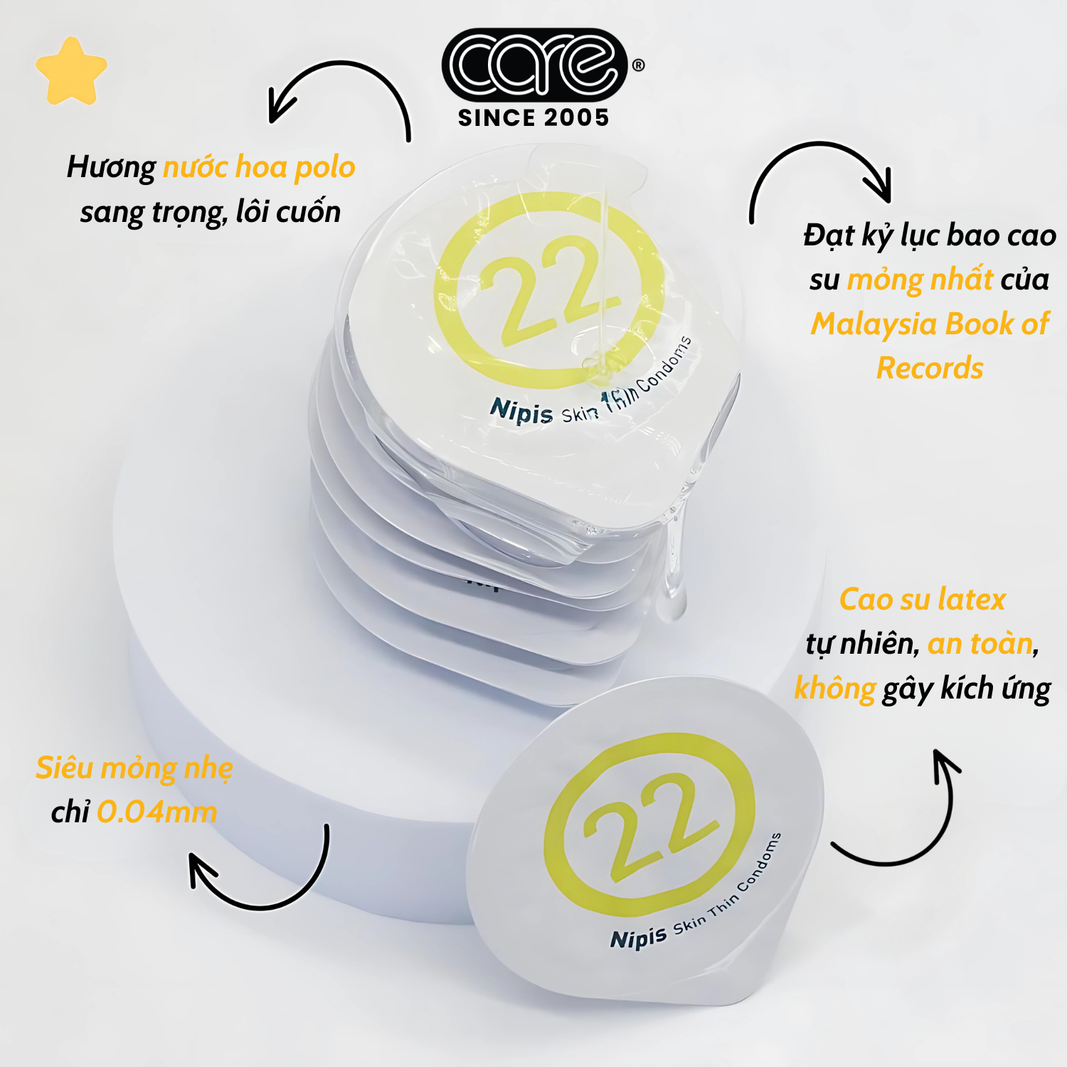 Bao cao su CARE 22 cao su tự nhiên siêu mỏng - hương nước hoa (hộp 6 bcs)
