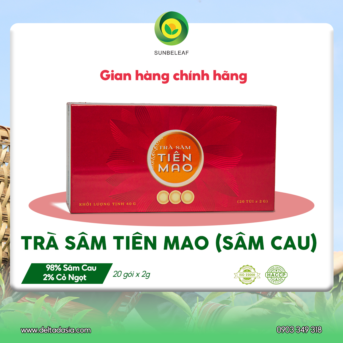 Trà Sâm Tiên Mao Sunbeleaf (Sâm Cau Đen) - Duy Trì Sinh Lực, Trà Đầy Năng Lượng - Hộp 20 Gói
