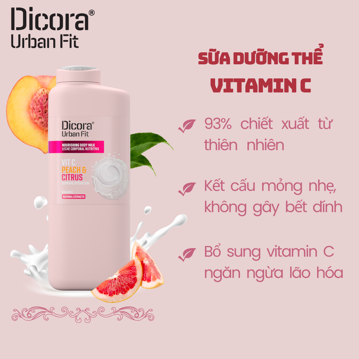 Sữa dưỡng thể Dicora Urban Fit Vitamin C hương cam quýt và đào 400ml
