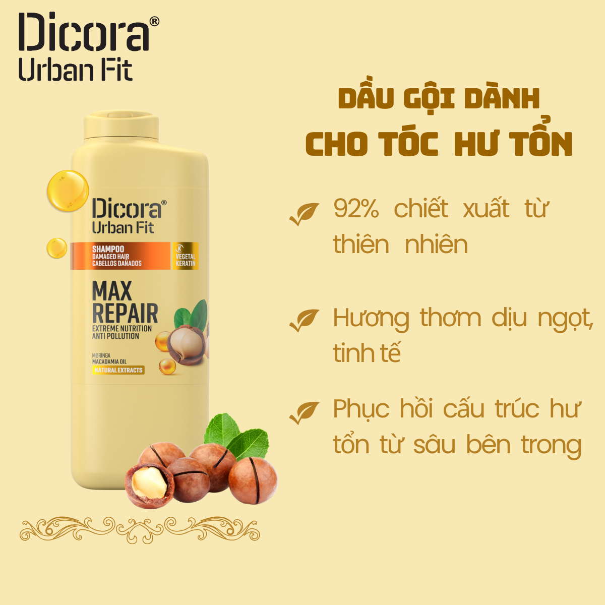 Dầu gội Dicora Urban Fit - Dành cho tóc hư tổn, chiết xuất tinh dầu mắc ca (400ml)