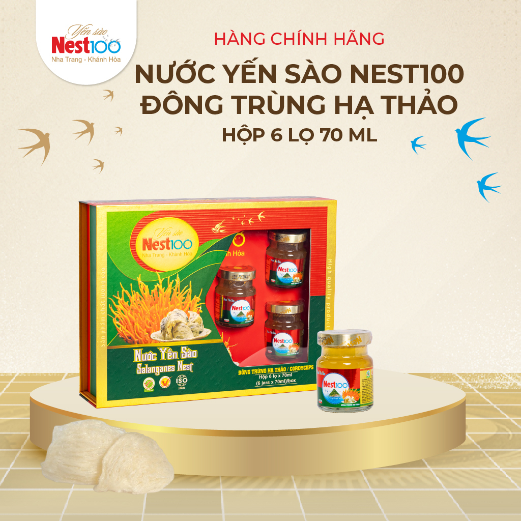 [Hộp 6 Hũ 70ml] Yến Chưng Đông Trùng Hạ Thảo Nest100 kèm túi - Phân phối chính hãng