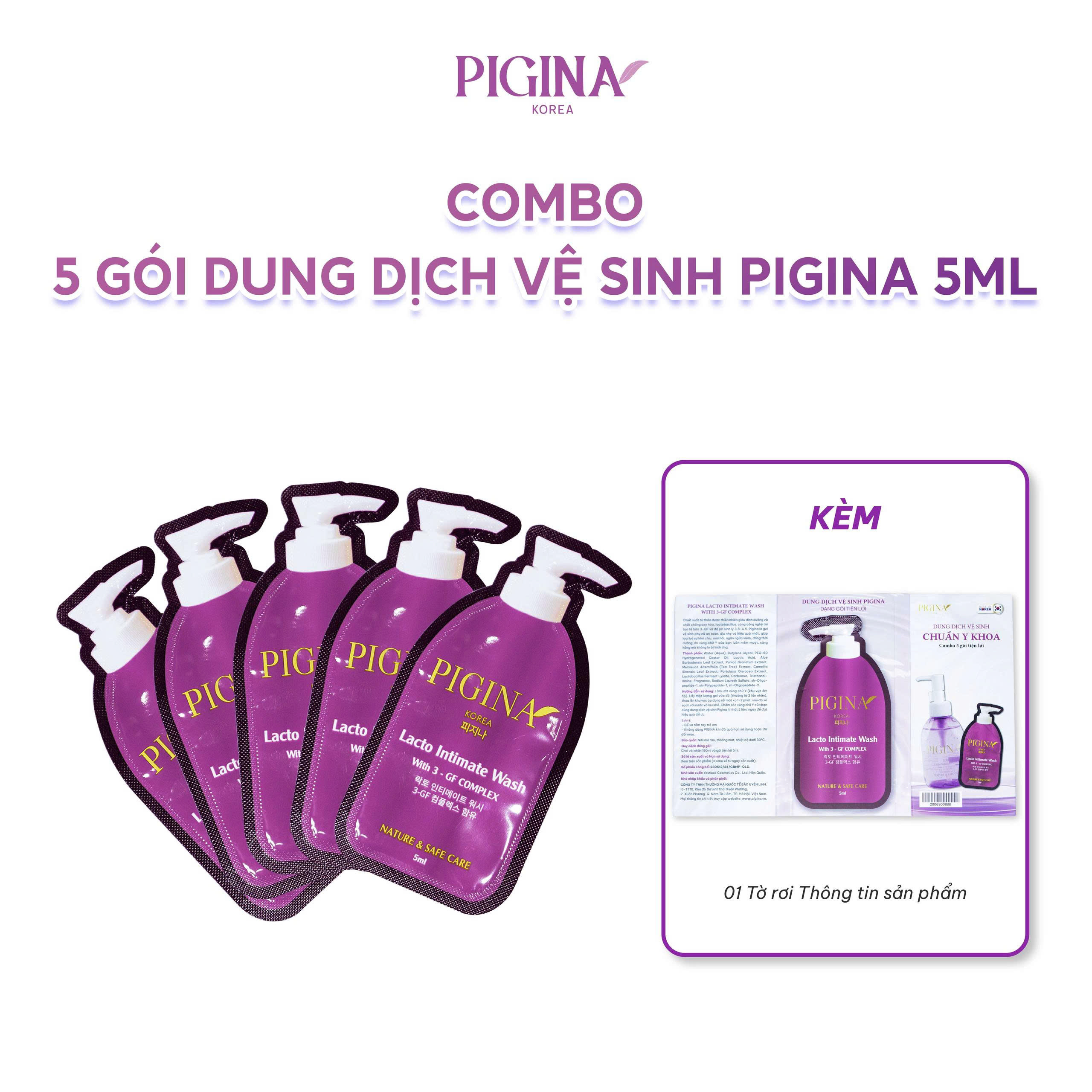 Combo 5 Gói gel Dung dịch vệ sinh Pigina 5ml - Pigina Lacto Intimate Wash - Phân phối chính hãng