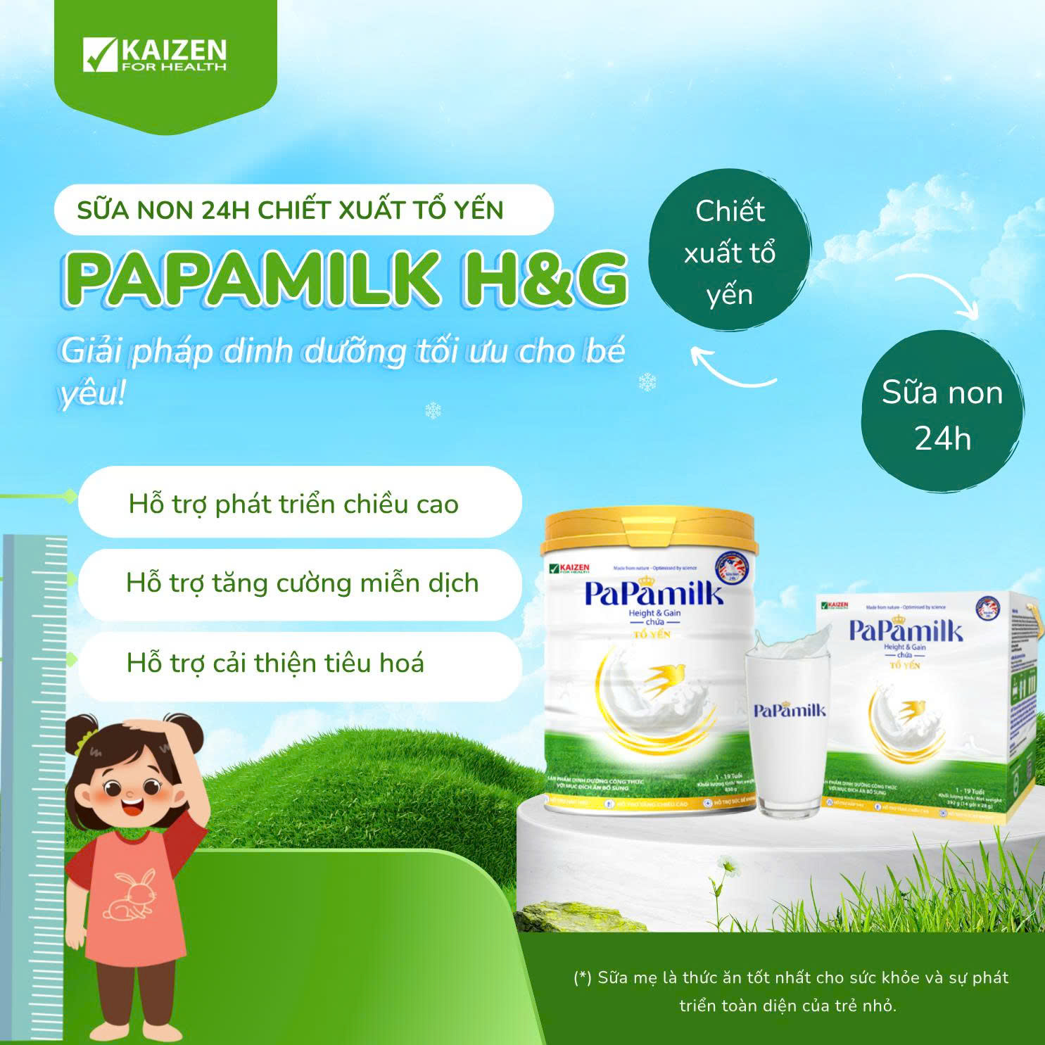 Sữa non tổ yến Papamilk Height & Gain giúp tăng cân tăng chiều cao cho Trẻ từ 1-19 tuổi (14gói x 28g)