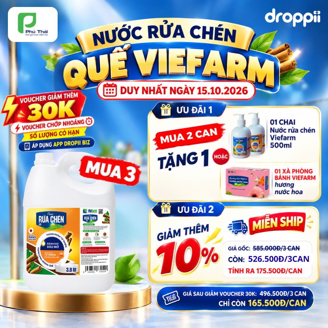Mua 3 nước rửa chén Quế Viefarm 3.8 lít  tặng 1 nước rửa chén Viefarm 500ml (tùy chọn ) hoặc 1 xà phòng bánh viefarm hương nước hoa 