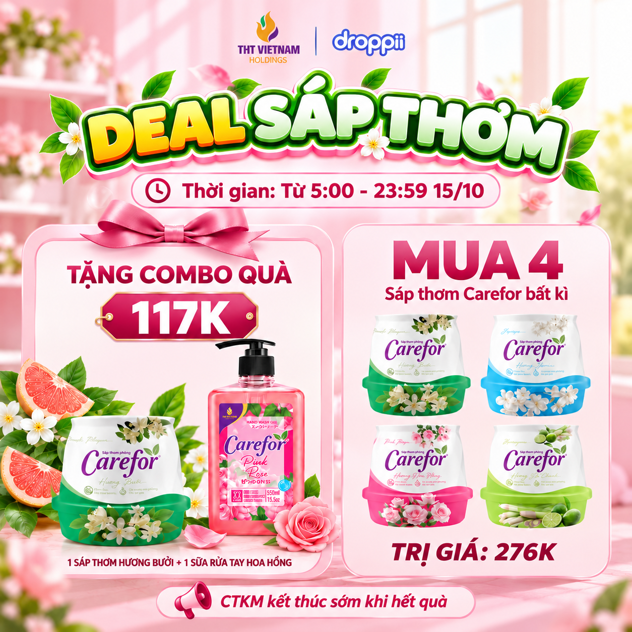 Mua 4 Sáp thơm phòng Carefor (bất kỳ) tặng 1 Sáp thơm Carefor Bưởi và 1 Sữa rửa tay Carefor Hoa hồng