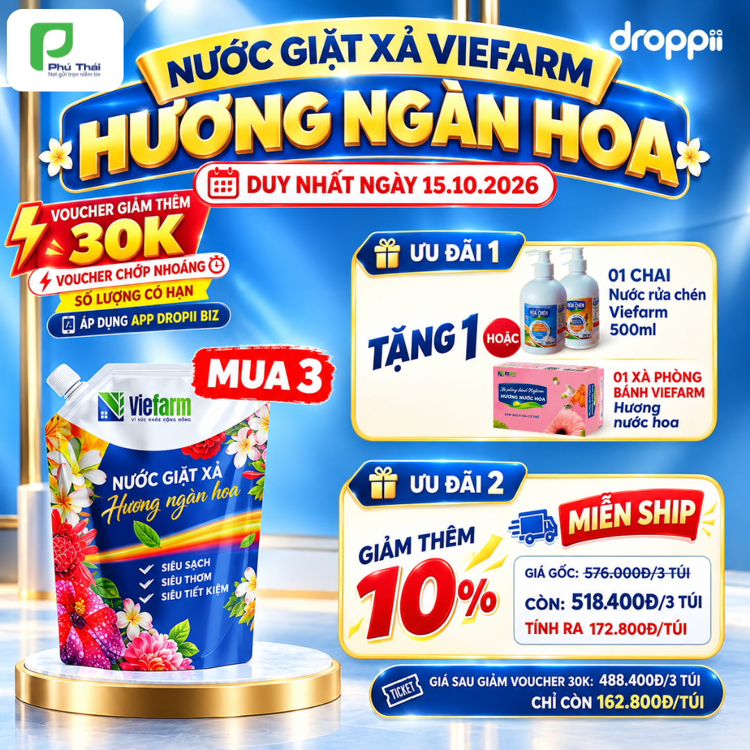 Mua 3 nước giặt xả Viefarm hương ngàn hoa túi 3.4kg tặng 1 nước rửa chén Viefarm 500ml (tùy chọn ) hoặc 1 xà phòng bánh viefarm hương nước hoa 