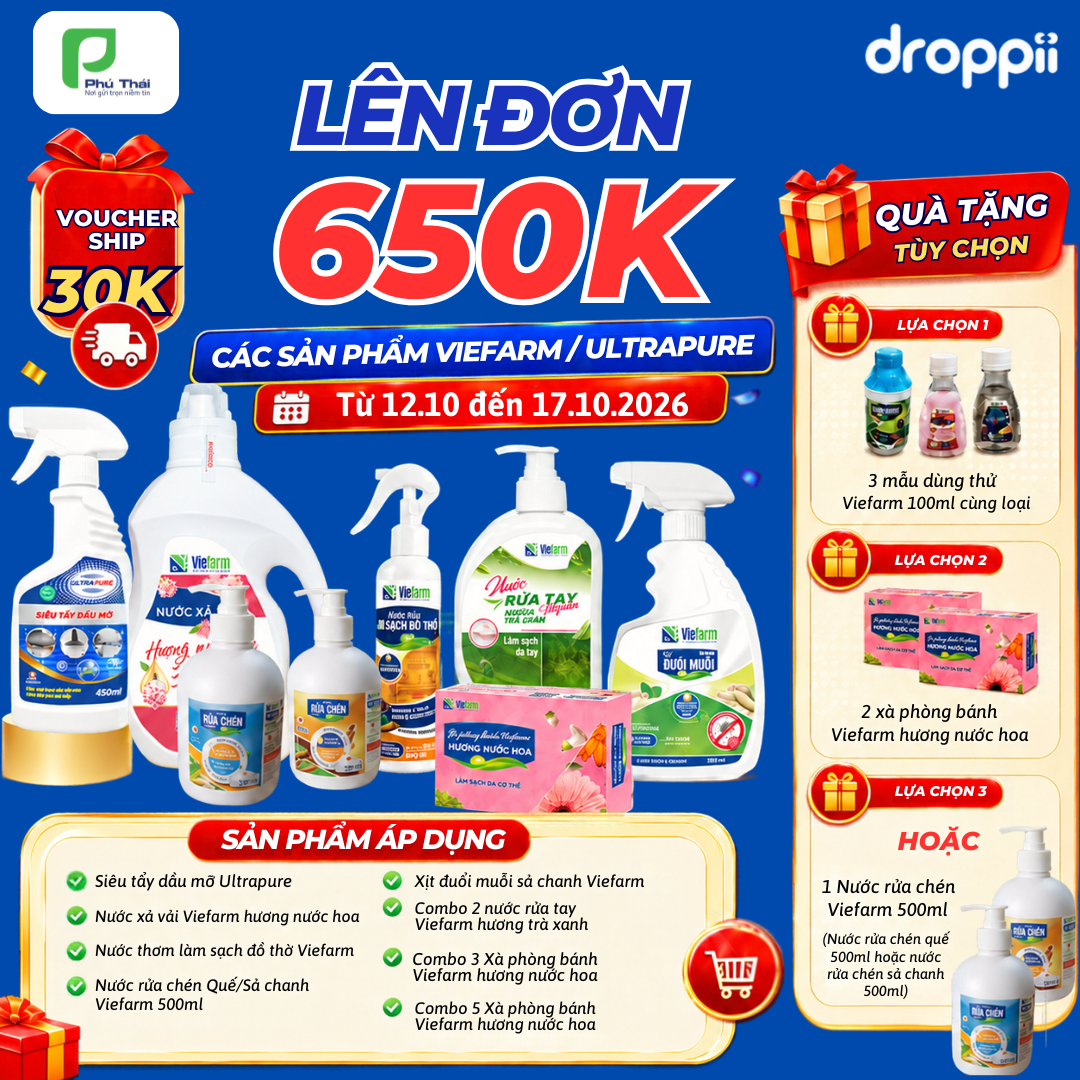 Mua đơn 650k các sản phẩm Viefarm/Ultrapure, tặng 1 phần quà tùy chọn: 3 mẫu dùng thử Viefarm 100ml / hoặc 1 Nước rửa chén Viefarm 500ml /hoặc 2 xà phòng bánh Viefarm hương nước hoa (không áp dụng với các SP đã có deal sỉ freeship)